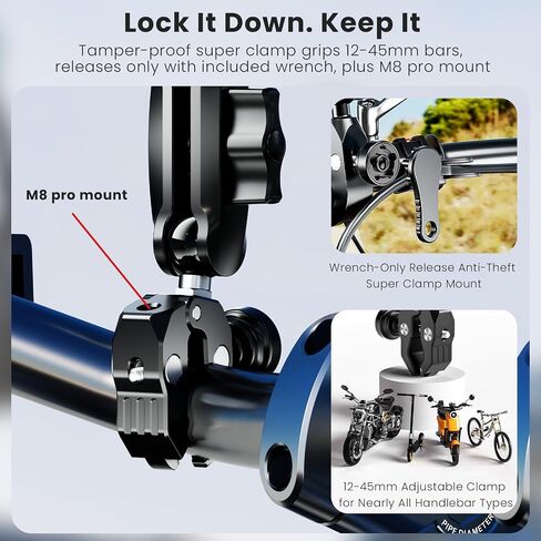 Heavy Duty Motorcycle Bike Handlebar Camera Mount System for DJI Action 5 Pro/4/3 & Osmo 360, Magnetic Base with Anti-Drop Lock, Anti-Theft Super Clamp, Shock Absorption, 12-45mm Bar Fit in Kuwait