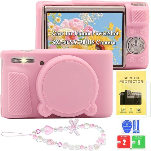 Case for Canon PowerShot SX740 HS, SX730 HS with 2 Screen Protector and 1 Charm Wrist Strap Accessories, Anti-Scratch Soft Silicone Digital Camera Protector Case with Removable Lens Cover (PINK) in Saudi Arabia
