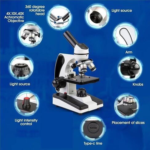 Microscope, Biological Microscope with Portable Specimen Stage, 40–640× Optical,for Homeschool Lab in Kuwait