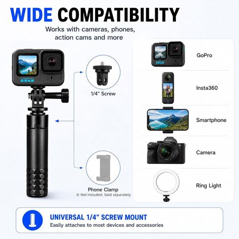 JINGCHEN Extendable Tripod Selfie Stick for Action Cameras Vlog Handle Grip | 7-Section Pole,Tripod Selfie Stick Waterproof Hand Grip for GoPro, DJI, Insta360 and action cameras Lightweight for Travel in Kuwait