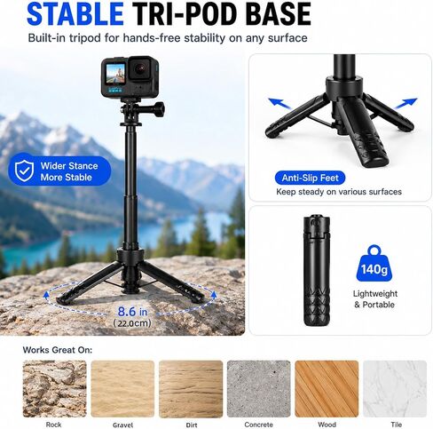 JINGCHEN Extendable Tripod Selfie Stick for Action Cameras Vlog Handle Grip | 7-Section Pole,Tripod Selfie Stick Waterproof Hand Grip for GoPro, DJI, Insta360 and action cameras Lightweight for Travel in Kuwait