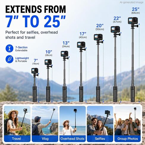 JINGCHEN Extendable Tripod Selfie Stick for Action Cameras Vlog Handle Grip | 7-Section Pole,Tripod Selfie Stick Waterproof Hand Grip for GoPro, DJI, Insta360 and action cameras Lightweight for Travel in Kuwait