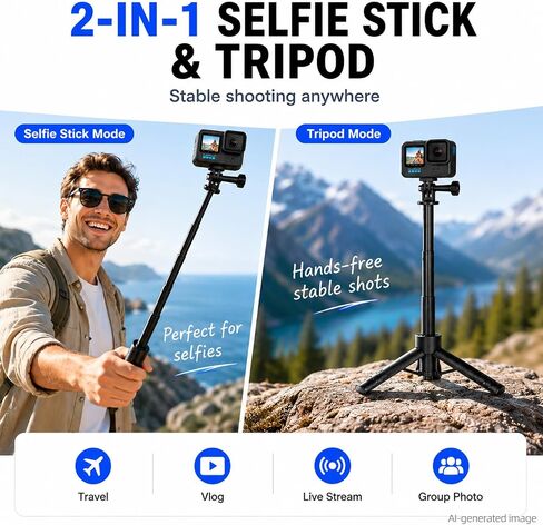 JINGCHEN Extendable Tripod Selfie Stick for Action Cameras Vlog Handle Grip | 7-Section Pole,Tripod Selfie Stick Waterproof Hand Grip for GoPro, DJI, Insta360 and action cameras Lightweight for Travel in Kuwait