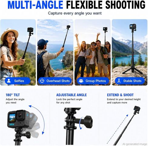 JINGCHEN Extendable Tripod Selfie Stick for Action Cameras Vlog Handle Grip | 7-Section Pole,Tripod Selfie Stick Waterproof Hand Grip for GoPro, DJI, Insta360 and action cameras Lightweight for Travel in Kuwait