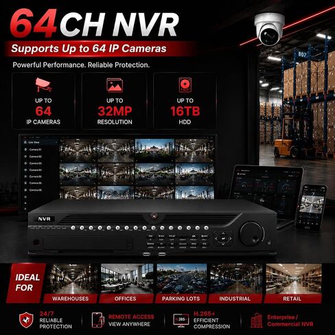 DS-9664NI-M8 8K 64 Channel NVR Recorder for IP Security Cameras, 400Mbps Bandwidth, Supports 64 Cameras, H.265+, 8 SATA Bays Up to 128TB, Dual HDMI & VGA Outputs, Enterprise Surveillance System in Saudi Arabia