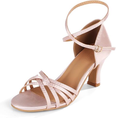Women's Strappy Open Toe Heeled Sandals, 7CM Heel Ankle Strap Dress Sandals with Rubber Sole, Faux Leather Lining Fabric Upper Evening Party Shoes in Saudi Arabia