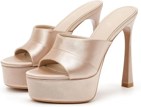Women's Satin Platform Stiletto Heeled Elegent Mule Sandals Summer Fashion Comfort Round Peep Toe Slip On High Heels Dressy Prom Slides 5.12 Inch For Date Party Wedding Pole Dance in Kuwait