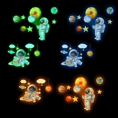 Glow in The Dark Astronaut Planet Wall Stickers 6 PCS Space Star Decals Peel and Stick Clings for Kids Bedroom Nursery Switch Decorations (Astronaut) in Saudi Arabia