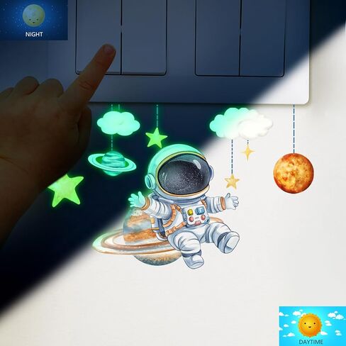Glow in The Dark Astronaut Planet Wall Stickers 6 PCS Space Star Decals Peel and Stick Clings for Kids Bedroom Nursery Switch Decorations (Astronaut) in Saudi Arabia