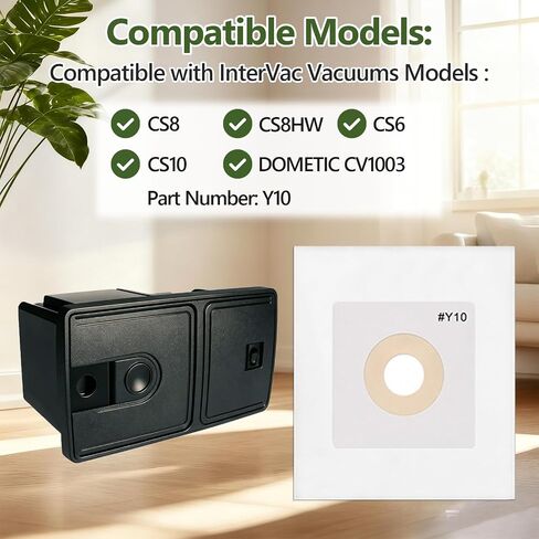 8 Pack Y10 Vacuum Bags Compatible with InterVac Vacuum Cleaner CS6 & CS8 | Also fit CS8HW & DOMETIC CV1003, HEPA Bags Filtration Durable Material, with 2 Pack Motor Filters, Part# Y10, Y10-5 in Kuwait
