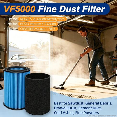 VF5000 Filter Replacement for Ridgid Shop Vac 5-20 Gallon Wet Dry Vacuum | for Husky 6-9 Gallon Vacuum, 2 Pack Fine Duster Filters + 4 Pack Foam Sleeve + 1 Cleaning Brush, 72948 in Saudi Arabia