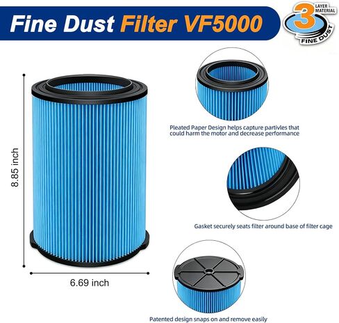 VF5000 Filter Replacement for Ridgid Shop Vac 5-20 Gallon Wet Dry Vacuum | for Husky 6-9 Gallon Vacuum, 2 Pack Fine Duster Filters + 4 Pack Foam Sleeve + 1 Cleaning Brush, 72948 in Saudi Arabia
