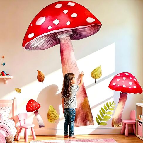 Large Red Mushrooms Wall Decals Peel and Stick, Watercolor Leaves Vinyl Removable Wall Stickers & Murals, Home Room Wall Decor for Children’s Baby Boys Girls Bedroom Living Room in Kuwait