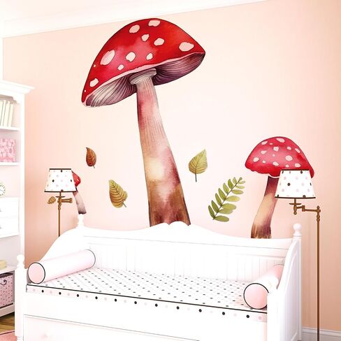 Large Red Mushrooms Wall Decals Peel and Stick, Watercolor Leaves Vinyl Removable Wall Stickers & Murals, Home Room Wall Decor for Children’s Baby Boys Girls Bedroom Living Room in Kuwait