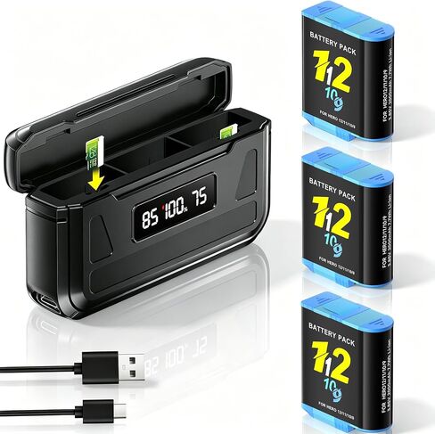 3 عبوات بطاريات بديلة بقدرة 2000 مللي أمبير في الساعة لكاميرا GoPro HERO12 HERO11 HERO10 HERO9 باللون الأسود، محطة شحن من النوع C بثلاث قنوات مع شاشة LCD رقمية، مجموعة ملحقات بطارية كاميرا الحركة in Kuwait