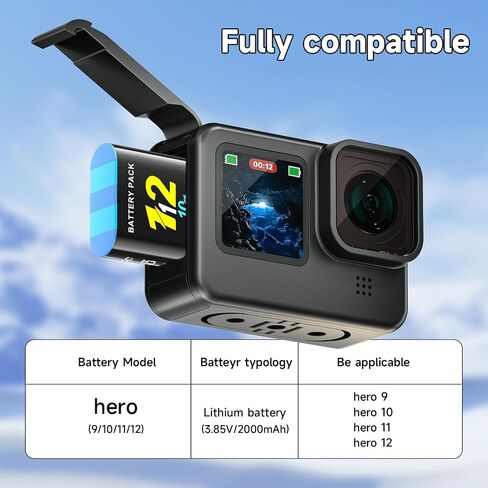 3 عبوات بطاريات بديلة بقدرة 2000 مللي أمبير في الساعة لكاميرا GoPro HERO12 HERO11 HERO10 HERO9 باللون الأسود، محطة شحن من النوع C بثلاث قنوات مع شاشة LCD رقمية، مجموعة ملحقات بطارية كاميرا الحركة in Kuwait