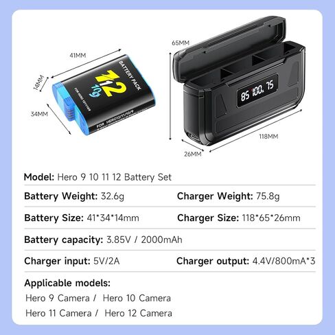3 عبوات بطاريات بديلة بقدرة 2000 مللي أمبير في الساعة لكاميرا GoPro HERO12 HERO11 HERO10 HERO9 باللون الأسود، محطة شحن من النوع C بثلاث قنوات مع شاشة LCD رقمية، مجموعة ملحقات بطارية كاميرا الحركة in Kuwait