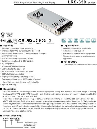 LRS-350-24 85-264V 24V 14.6A 350W Power Switch Single Output Driver LRS-350 in Saudi Arabia