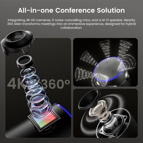 NEARITY 360 Alien 4K Video Conference Camera with 2 Microphones, 1 WiFi Adapter and 1 Tripod, Video Conferencing Webcam, 3 AI Modes, 6 Noise Cancelling Mics, Auto Framing for PC/Laptop in Saudi Arabia