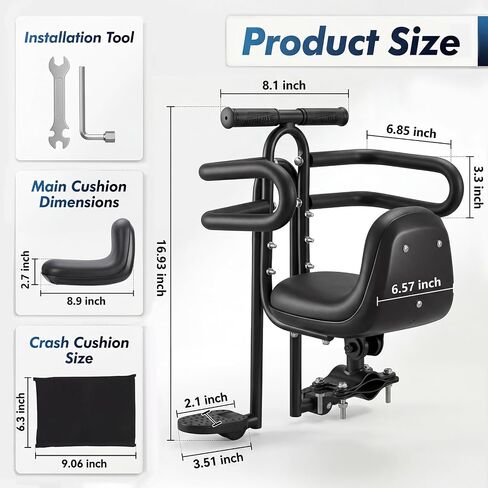Front-Mounted Child Bike Seat with Guardrail and Footrests, Black | Quick-release toddler seat for ages 1-4, designed for compatible adult bikes with crossbars in Saudi Arabia