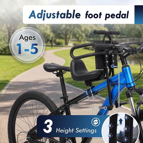Front-Mounted Child Bike Seat with Guardrail and Footrests, Black | Quick-release toddler seat for ages 1-4, designed for compatible adult bikes with crossbars in Saudi Arabia