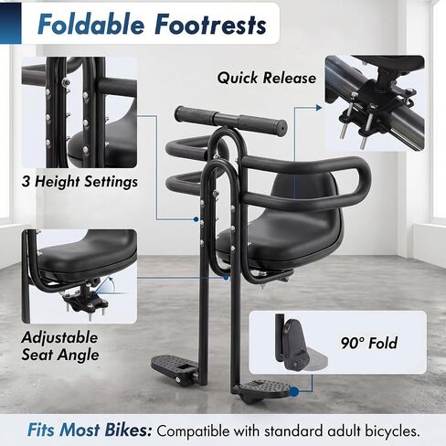 Front-Mounted Child Bike Seat with Guardrail and Footrests, Black | Quick-release toddler seat for ages 1-4, designed for compatible adult bikes with crossbars in Saudi Arabia
