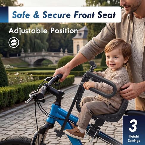 Front-Mounted Child Bike Seat with Guardrail and Footrests, Black | Quick-release toddler seat for ages 1-4, designed for compatible adult bikes with crossbars in Saudi Arabia