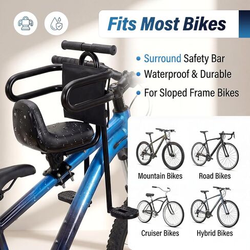 Front-Mounted Child Bike Seat with Guardrail and Footrests, Black | Quick-release toddler seat for ages 1-4, designed for compatible adult bikes with crossbars in Saudi Arabia