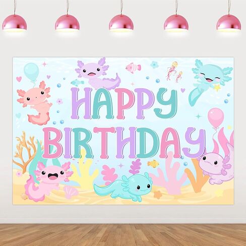 Axolotl Birthday Decorations Girl, Macaron Axolotl Happy Birthday Backdrop Banner 5×3 ft Background Photography Decoration for Axolotl Themed Birthday Party Supplies in Saudi Arabia