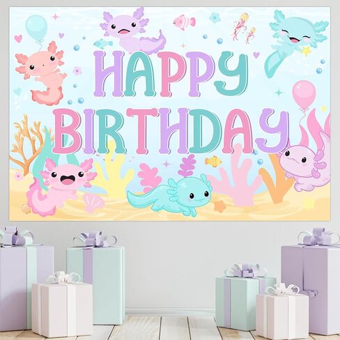 Axolotl Birthday Decorations Girl, Macaron Axolotl Happy Birthday Backdrop Banner 5×3 ft Background Photography Decoration for Axolotl Themed Birthday Party Supplies in Saudi Arabia