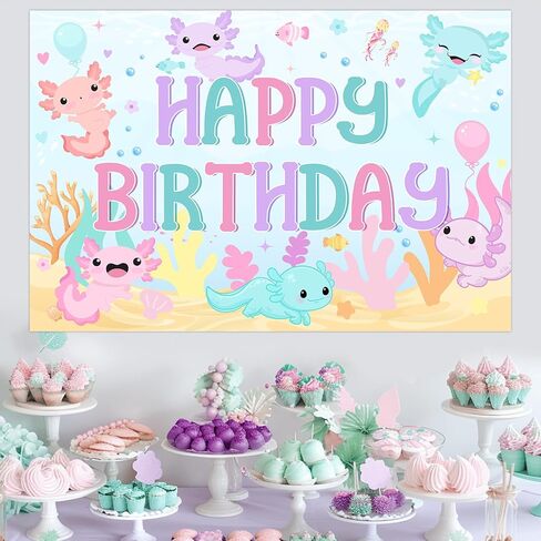 Axolotl Birthday Decorations Girl, Macaron Axolotl Happy Birthday Backdrop Banner 5×3 ft Background Photography Decoration for Axolotl Themed Birthday Party Supplies in Saudi Arabia
