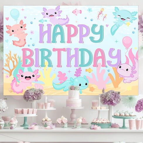 Axolotl Birthday Decorations Girl, Macaron Axolotl Happy Birthday Backdrop Banner 5×3 ft Background Photography Decoration for Axolotl Themed Birthday Party Supplies in Saudi Arabia