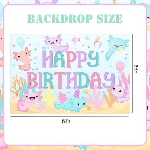 Axolotl Birthday Decorations Girl, Macaron Axolotl Happy Birthday Backdrop Banner 5×3 ft Background Photography Decoration for Axolotl Themed Birthday Party Supplies in Saudi Arabia