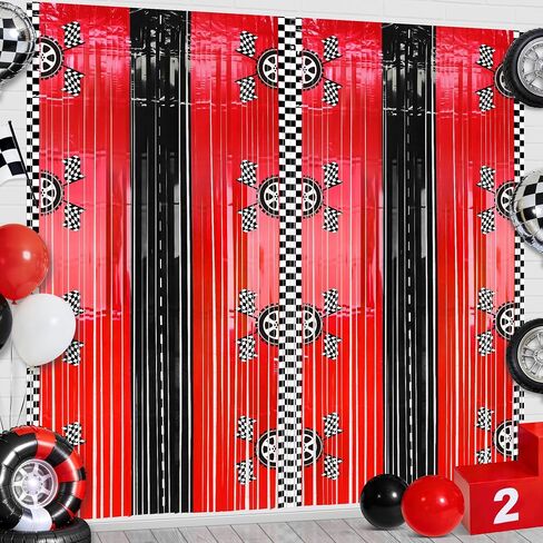 2PCS Race Car Foil Fringe Backdrop Curtains, Birthday Party Decorations | Black, White, Red Photo Backdrop, Fast Wheels Birthday Happy Party Decorations 3.28 X 6.56 ft in Saudi Arabia