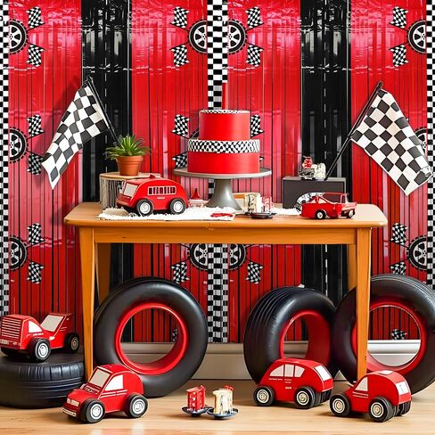 2PCS Race Car Foil Fringe Backdrop Curtains, Birthday Party Decorations | Black, White, Red Photo Backdrop, Fast Wheels Birthday Happy Party Decorations 3.28 X 6.56 ft in Saudi Arabia