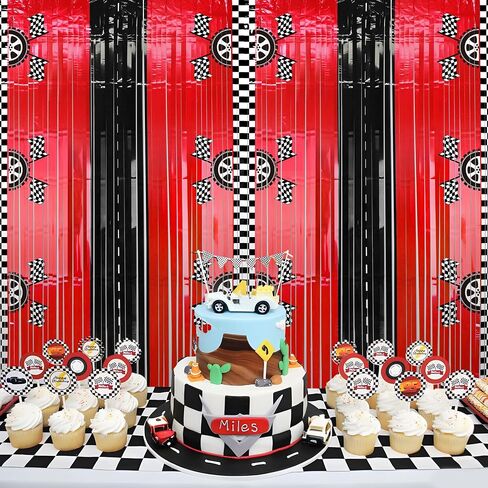 2PCS Race Car Foil Fringe Backdrop Curtains, Birthday Party Decorations | Black, White, Red Photo Backdrop, Fast Wheels Birthday Happy Party Decorations 3.28 X 6.56 ft in Saudi Arabia