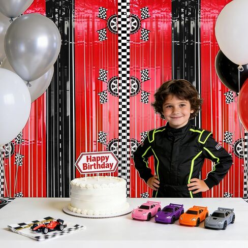 2PCS Race Car Foil Fringe Backdrop Curtains, Birthday Party Decorations | Black, White, Red Photo Backdrop, Fast Wheels Birthday Happy Party Decorations 3.28 X 6.56 ft in Saudi Arabia