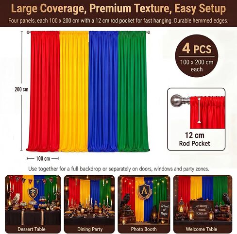 4 Pcs 39 x 79 Inch Wizard Party Backdrop Halloween Decorations | Red Green Blue Yellow Magical Curtains Background, Magic Birthday Party Decor, Color Block Hanging Panels with Rod Pocket in Saudi Arabia