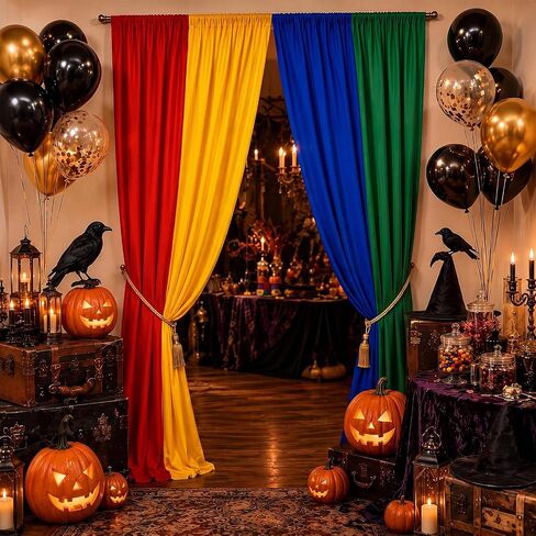 4 Pcs 39 x 79 Inch Wizard Party Backdrop Halloween Decorations | Red Green Blue Yellow Magical Curtains Background, Magic Birthday Party Decor, Color Block Hanging Panels with Rod Pocket in Saudi Arabia