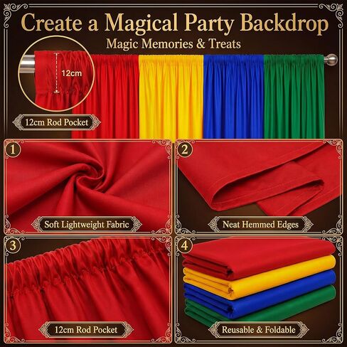 4 Pcs 39 x 79 Inch Wizard Party Backdrop Halloween Decorations | Red Green Blue Yellow Magical Curtains Background, Magic Birthday Party Decor, Color Block Hanging Panels with Rod Pocket in Saudi Arabia