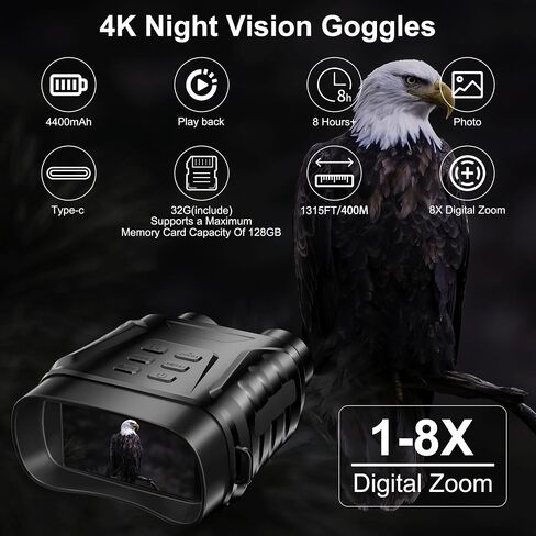 4K Night Vision Goggles Goggles for Adults, 8X Digital Zoom, Adjustable IR Light, 1312 FT Viewing Range in Total Darkness, 64GB Card, Perfect for Camping, Hunting, Surveillance, Adventures in Saudi Arabia