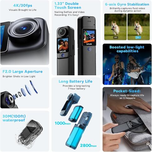 SJCAM C300 2IN1 Vlogging Camera,64GB 4K Pocket Travel YouTube Content Streaming,7H Power,6-Axis Stabilization,Dual-Touch Screen,30M Waterproof,Werable begginers Camera,familly in Saudi Arabia