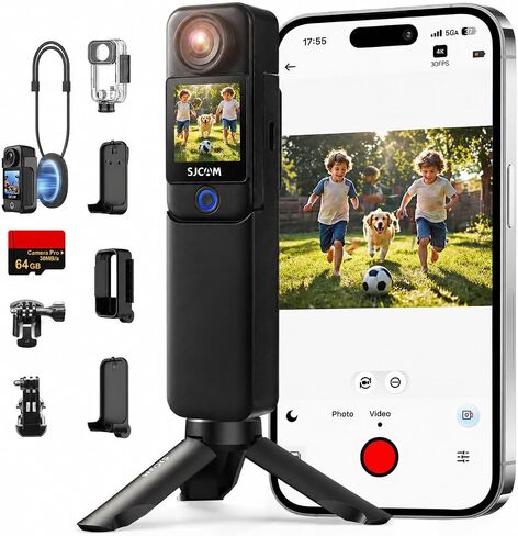 SJCAM C300 2IN1 Vlogging Camera,64GB 4K Pocket Travel YouTube Content Streaming,7H Power,6-Axis Stabilization,Dual-Touch Screen,30M Waterproof,Werable begginers Camera,familly in Saudi Arabia
