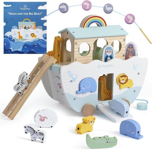 SIMPLIPLAY Wooden Noah's Ark Toy with Story Book & Animal Shape Sorter | Toddler Montessori STEM Learning Noahs Ark Toy, Christian Toy for Boys Girls Christmas Baptism Gifts in Saudi Arabia