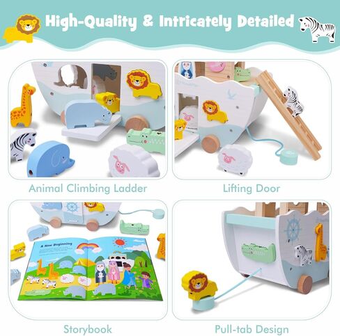 SIMPLIPLAY Wooden Noah's Ark Toy with Story Book & Animal Shape Sorter | Toddler Montessori STEM Learning Noahs Ark Toy, Christian Toy for Boys Girls Christmas Baptism Gifts in Saudi Arabia