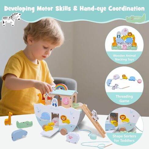 SIMPLIPLAY Wooden Noah's Ark Toy with Story Book & Animal Shape Sorter | Toddler Montessori STEM Learning Noahs Ark Toy, Christian Toy for Boys Girls Christmas Baptism Gifts in Saudi Arabia