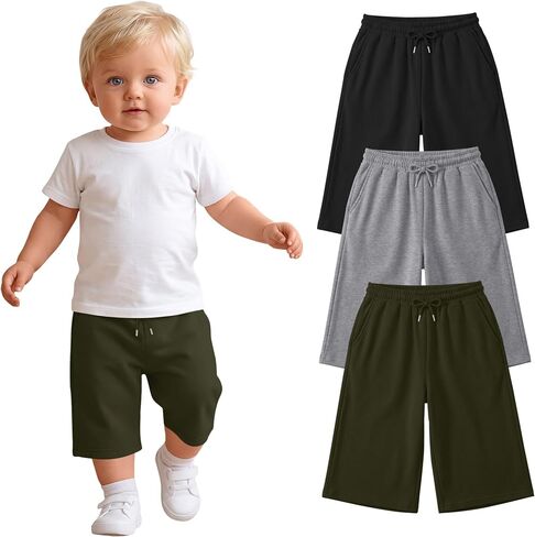 3 Pack Toddler Boys Capri Sweatpants | Loose, Wide Leg, Cropped Pants, Drawstring, with Pockets, Soft, Breathable, Summer, Pull On, Elastic Waist, Sizes 18M-6Y in Saudi Arabia