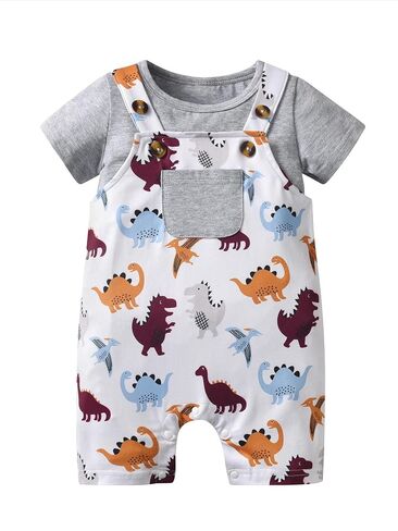 Infant Baby Boy Summer Clothes Short Sleeve Solid Color T-Shirt Cartoon Dinosaur Print Suspender Shorts Outfit Set in Saudi Arabia