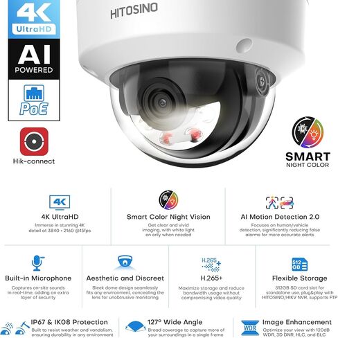 8MP Outdoor Dome PoE Camera - 4K IP Camera with Mic/Audio, Human/Vehicle Detection, Smart Hybrid Color Night, 2.8mm 114°FoV, IP67, IK08 vandalproof, H.265+, 3-Axis, 120db WDR, SD Card Slot in Saudi Arabia