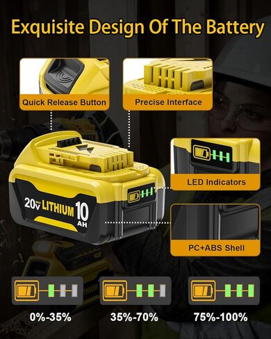 4Pack 20V 10Ah Replacement for Dewalt 20V MAX Battery and Charger | Compatible with Dewalt 20 Volt Battery DCB207 DCB204 DCB200 DCB201 DCB203 Series Power Tool in Kuwait